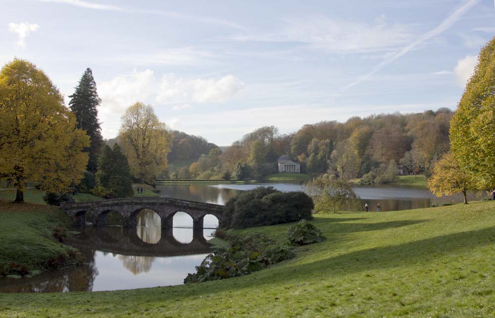 Stourhead Gardens, bridge and lake view